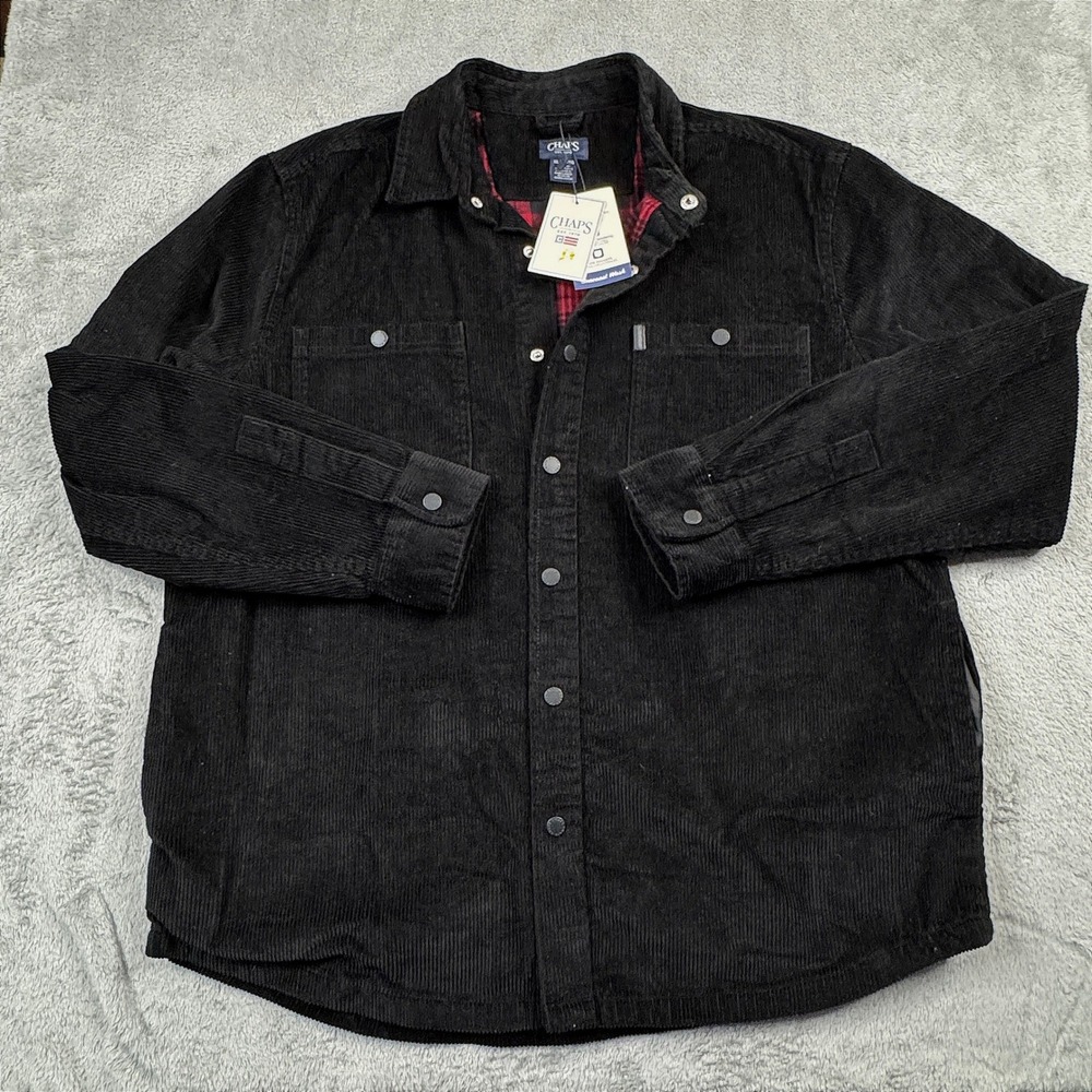 NWT Chaps Mens XL Black Corduroy Flannel Lined Shirt Jacket‎ Snap Front